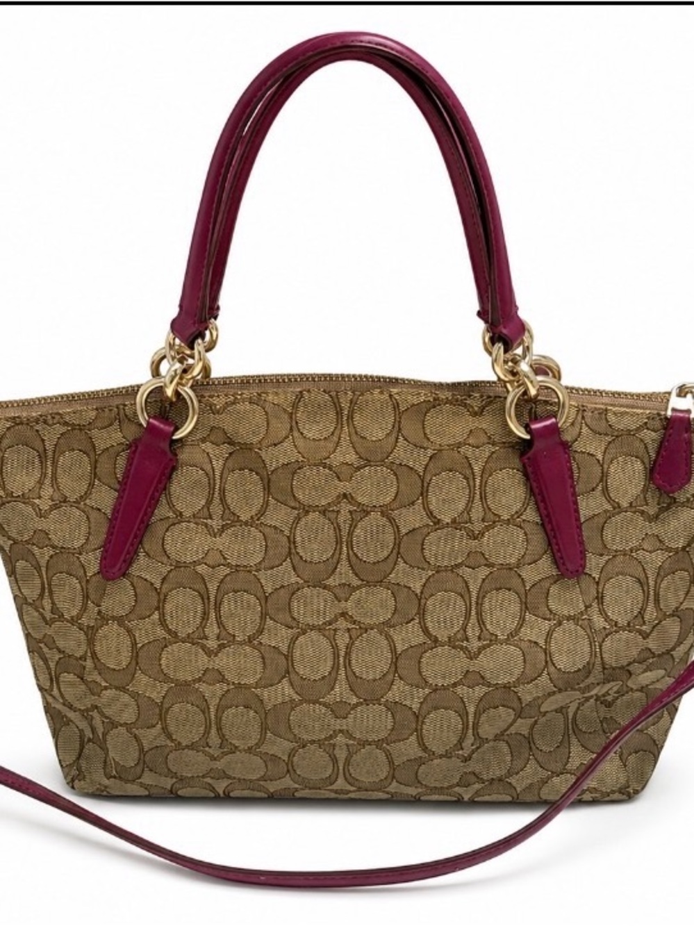 Coach Kelsey Signature C Canvas Khaki & Fuchsia Leather Trim Crossbody Bag - Picture 2 of 11
